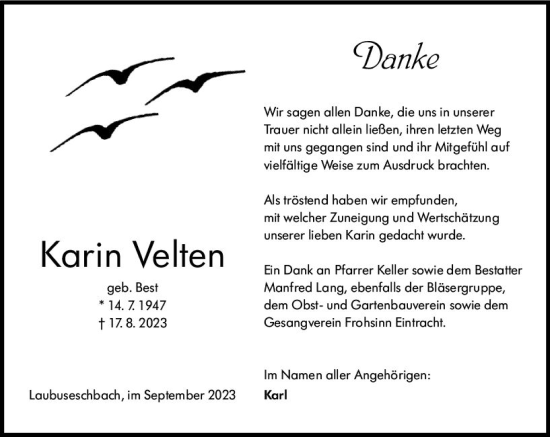 Traueranzeige von Karin Velten von Weilburger Tageblatt
