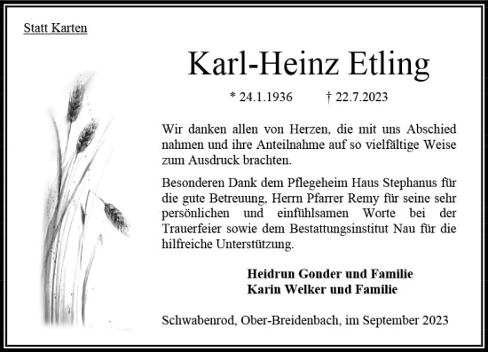 Traueranzeige von Karl-Heinz Etling von Oberhessen Kurier