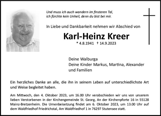 Traueranzeige von Karl-Heinz Kreer von Allgemeine Zeitung Mainz