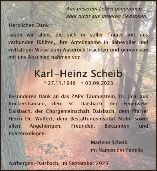 Traueranzeige von Karl-Heinz Scheib von Idsteiner Land/Untertaunus