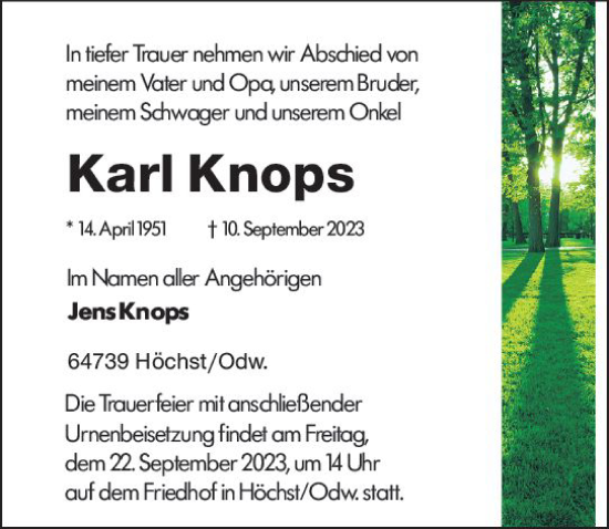 Traueranzeige von Karl Knops von Odenwälder Echo