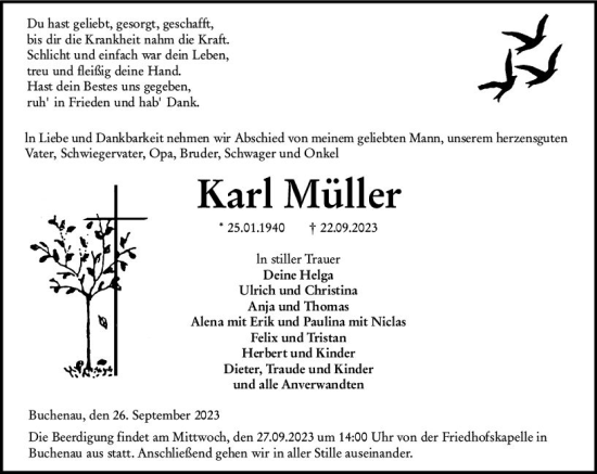 Traueranzeige von Karl Müller von Hinterländer Anzeiger