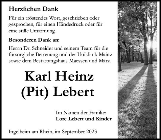 Traueranzeige von Karl Heinz  Lebert von Allgemeine Zeitung Bingen/Ingelheim