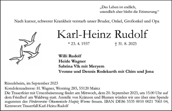 Traueranzeige von Karl Heinz Rudolf von Rüsselsheimer Echo