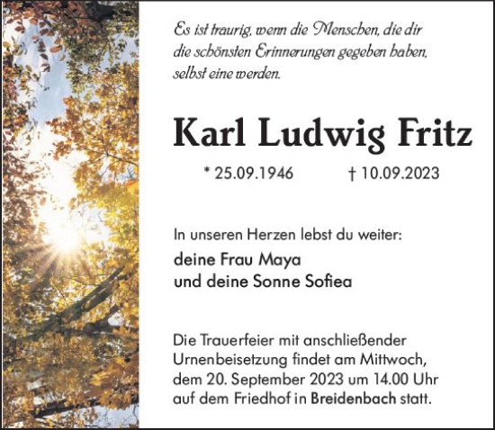 Traueranzeige von Karl Ludwig Fritz von Hinterländer Anzeiger