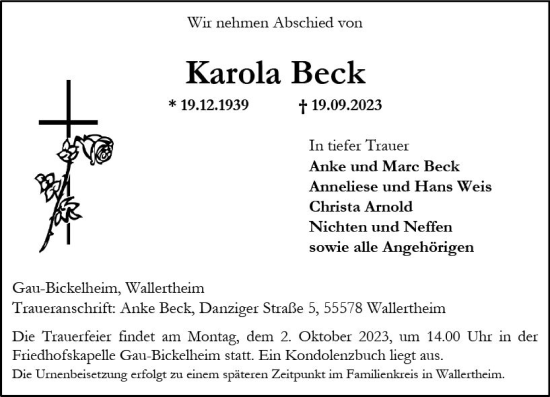 Traueranzeige von Karola Beck von Allgemeine Zeitung Alzey