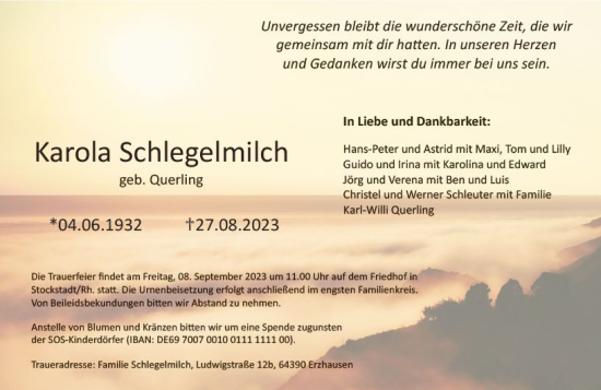 Traueranzeige von Karola Schlegelmilch von Groß-Gerauer Echo