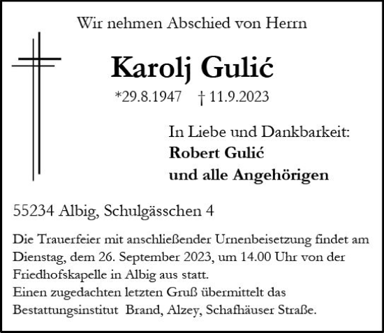 Traueranzeige von Karolj Gulic von Allgemeine Zeitung Alzey
