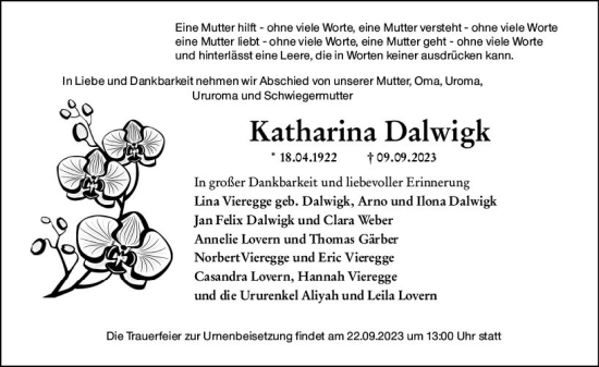 Traueranzeige von Katharina Dalwigk von Hinterländer Anzeiger