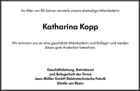 Traueranzeige von Katharina Kopp von Rheingau Kurier