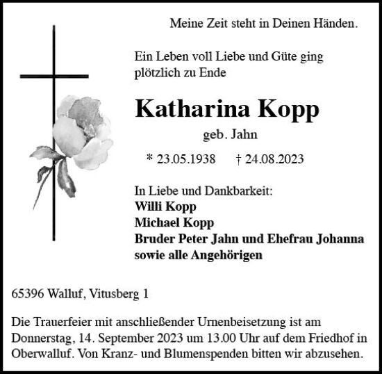 Traueranzeige von Katharina Kopp von Rheingau Kurier