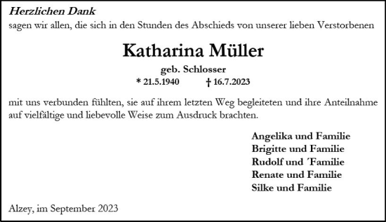 Traueranzeige von Katharina Müller von Allgemeine Zeitung Alzey