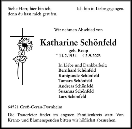 Traueranzeige von Katharine Schönfeld von Groß-Gerauer Echo