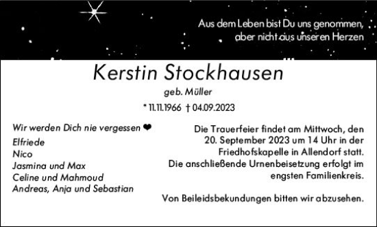 Traueranzeige von Kerstin Stockhausen von Hinterländer Anzeiger
