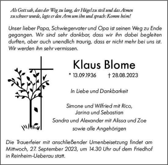 Traueranzeige von Klaus Blome von Darmstädter Echo