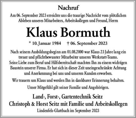 Traueranzeige von Klaus Bormuth von Bergsträßer Anzeiger