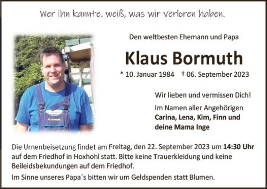 Traueranzeige von Klaus Bormuth von Bergsträßer Anzeiger