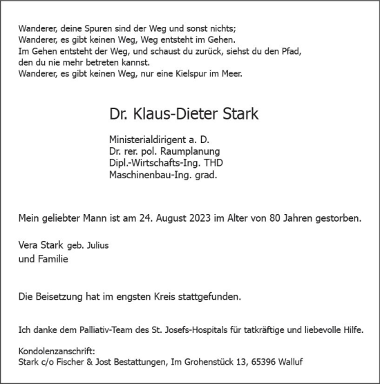 Traueranzeige von Klaus-Dieter Stark von Wiesbadener Kurier