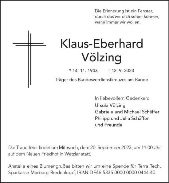 Traueranzeige von Klaus-Eberhard Völzing von Wetzlarer Neue Zeitung