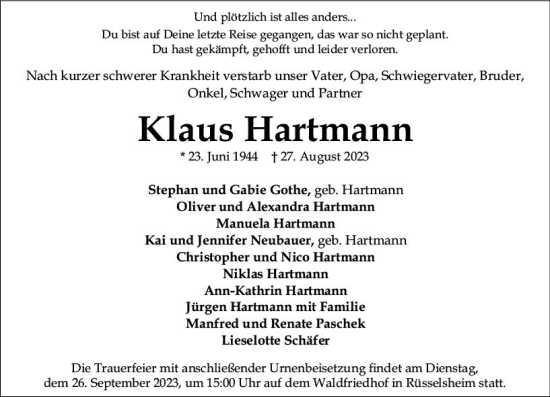 Traueranzeige von Klaus Hartmann von Rüsselsheimer Echo