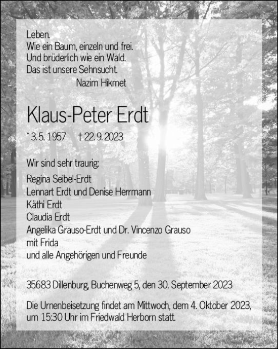 Traueranzeige von Klaus-Peter Erdt von Dill Block
