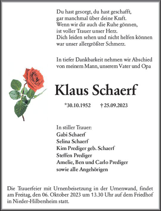 Traueranzeige von Klaus Schaerf von Allgemeine Zeitung Mainz