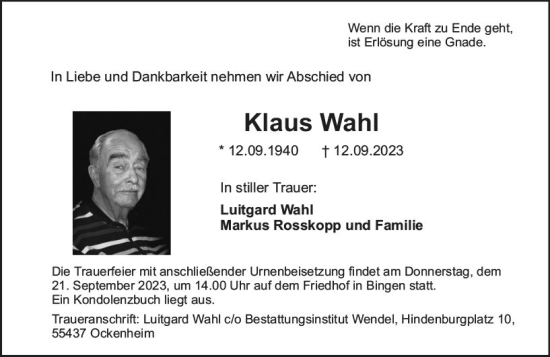 Traueranzeige von Klaus Wahl von Allgemeine Zeitung Bingen/Ingelheim