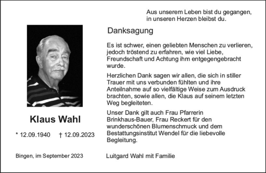 Traueranzeige von Klaus Wahl von Allgemeine Zeitung Bingen/Ingelheim