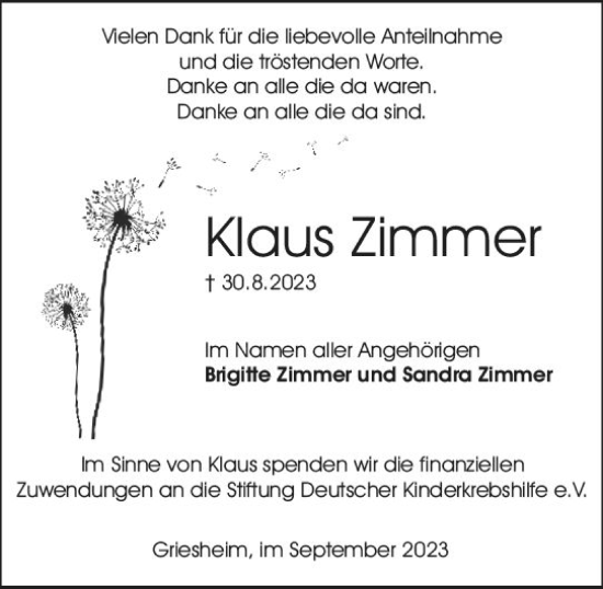 Traueranzeige von Klaus Zimmer von Darmstädter Echo