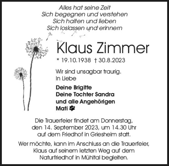 Traueranzeige von Klaus Zimmer von Darmstädter Echo