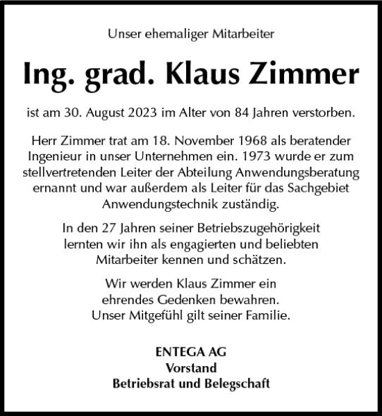 Traueranzeige von Klaus Zimmer von Odenwälder Echo