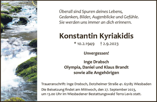 Traueranzeige von Konstantin Kyriakidis von Wiesbadener Kurier