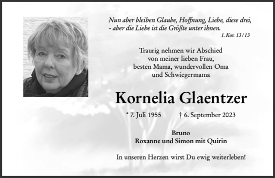 Traueranzeige von Kornelia Glaentzer von Weilburger Tageblatt