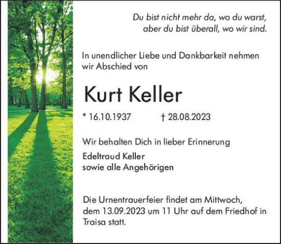 Traueranzeige von Kurt Keller von Darmstädter Echo