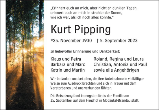 Traueranzeige von Kurt Pipping von Darmstädter Echo