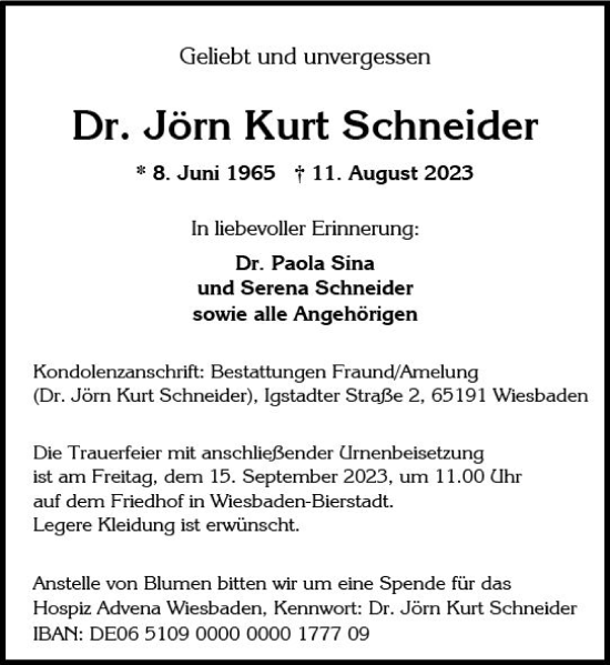 Traueranzeige von Kurt Schneider von Wiesbadener Kurier