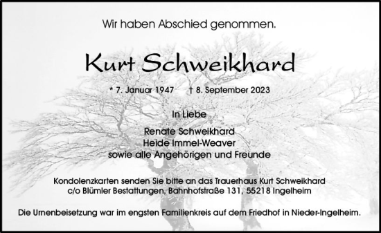 Traueranzeige von Kurt Schweikhard von Allgemeine Zeitung Bingen/Ingelheim
