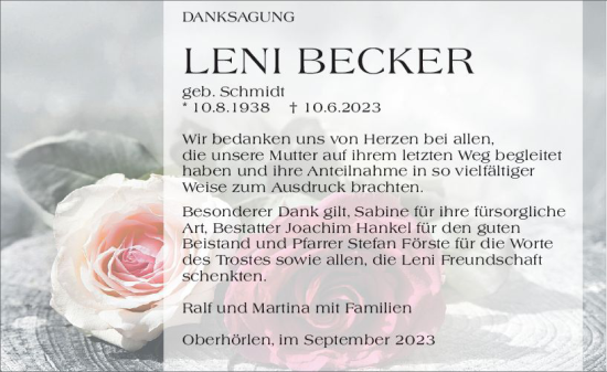 Traueranzeige von Leni Becker von Hinterländer Anzeiger