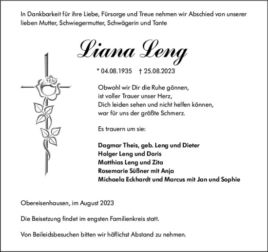 Traueranzeige von Liana Leng von Hinterländer Anzeiger