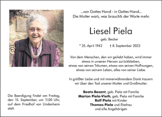 Traueranzeige von Liesel Piela von Allgemeine Zeitung Mainz