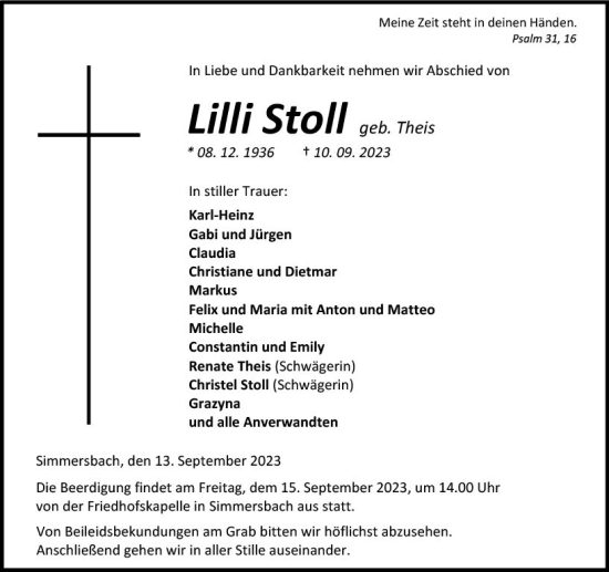 Traueranzeige von Lilli Stoll von Dill Block
