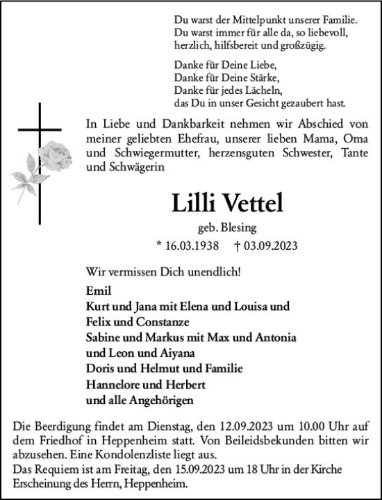 Traueranzeige von Lilli Vettel von Starkenburger Echo