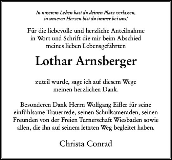 Traueranzeige von Lothar Arnsberger von Wiesbadener Kurier