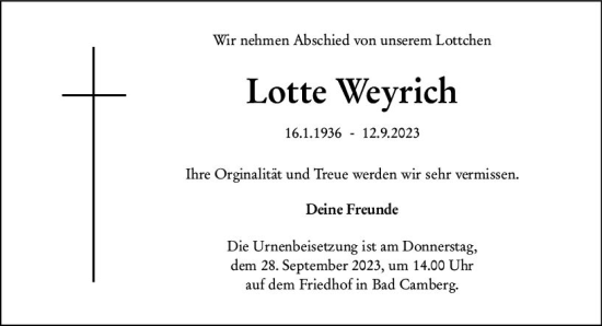 Traueranzeige von Lotte Weyrich von Camberger Anzeiger