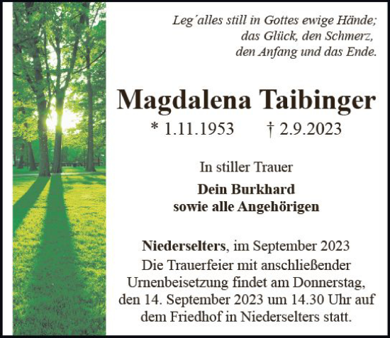 Traueranzeige von Magdalena Taibinger von Camberger Anzeiger