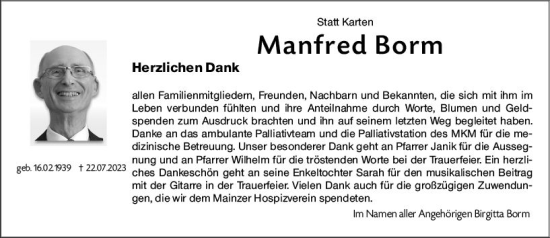 Traueranzeige von Manfred Borm von Allgemeine Zeitung Mainz