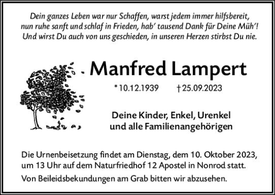 Traueranzeige von Manfred Lampert von Bergsträßer Anzeiger