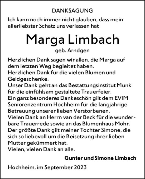 Traueranzeige von Marga Limbach von Hochheimer Zeitung