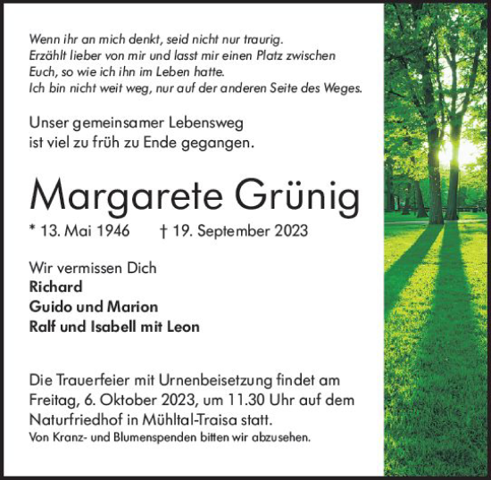 Traueranzeige von Margarete Grünig von Darmstädter Echo