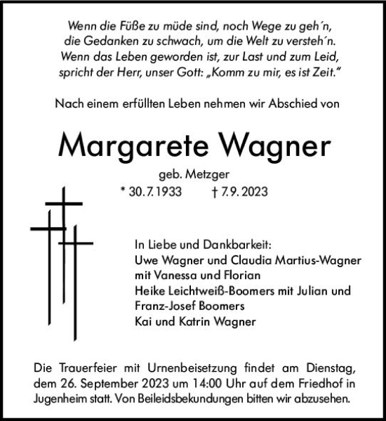 Traueranzeige von Margarete Wagner von Darmstädter Echo
